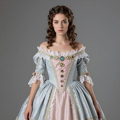 Photograph of a young woman with curly brown hair in an off-shoulder, light blue and pink Victorian-style dress with lace trim, adorned with