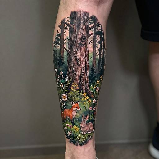 Vivid tattoo of a dense forest with a tall, gnarled tree, white flowers, a red fox, and a gray rabbit on a person