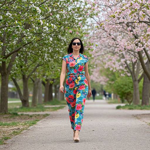 Photograph of a confident woman in a vibrant, floral-patterned dress and sunglasses, walking a tree-lined, pink-blossoming path.
