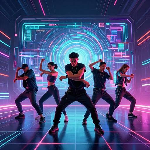 Neon-lit, futuristic dance performance: Five diverse, stylish dancers in black clothing strike dynamic poses against a vibrant, circular neon backdrop. Photoreal