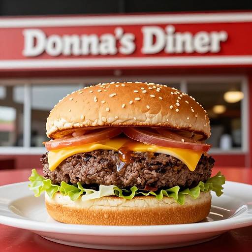 Photograph of a juicy, cheeseburger with lettuce, tomato, and melted cheese on a sesame seed bun, at Donna's Diner.
