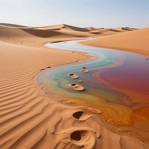 Photograph of a vivid desert landscape with rippled sand dunes, a winding, multicolored watercourse, and numerous circular sand holes under a