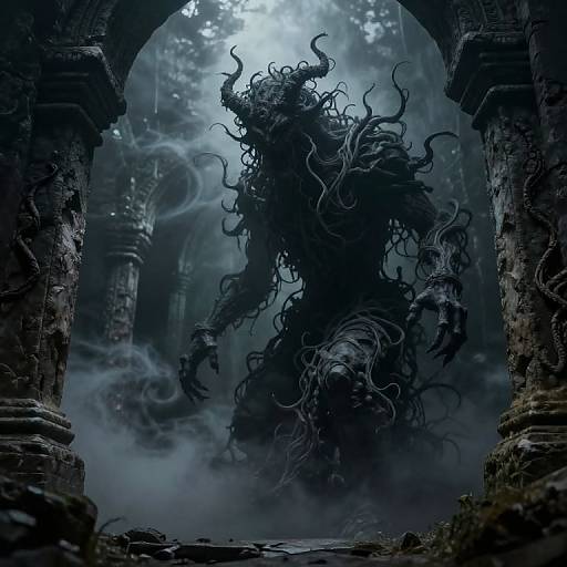 Digital fantasy artwork of a dark, monstrous figure with twisted horns and tendrils emerging from an ancient, misty, ruined archway.