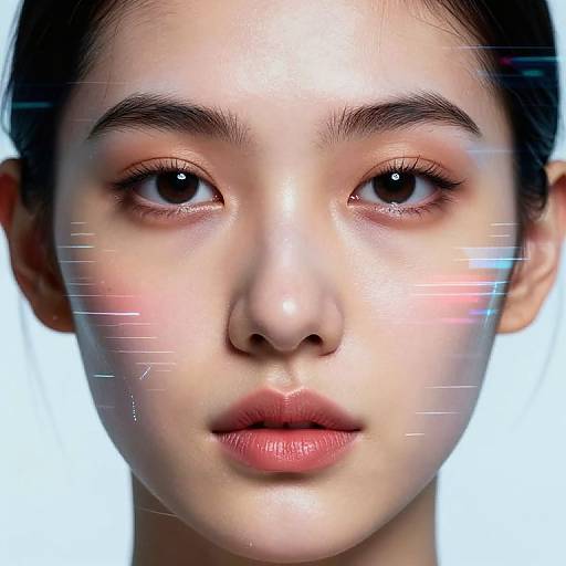 Digital portrait of a young Asian woman with fair skin, dark hair, and subtle pink highlights on her cheeks and lips. White background, with futuristic blue