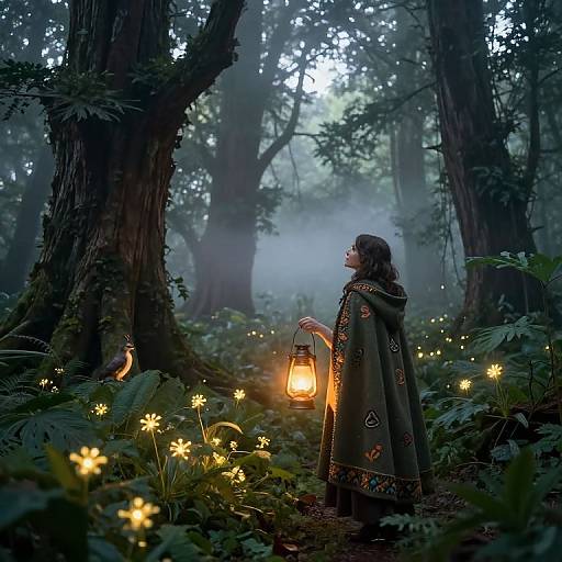 Photograph-style digital art: Enchanted forest at night, woman in dark, patterned cloak holding lantern, surrounded by glowing fireflies, mist
