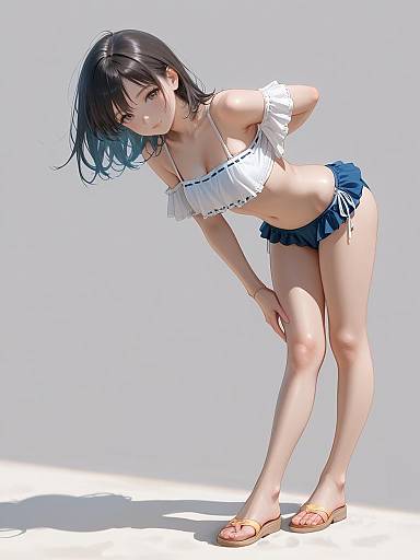 Digital anime-style drawing of a shy, young woman with black hair, white off-shoulder crop top, blue shorts, and flip-flops,