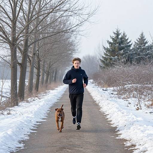 Photograph of a young man in a black jacket and black pants running down a snowy, tree-lined path with a brown dog.