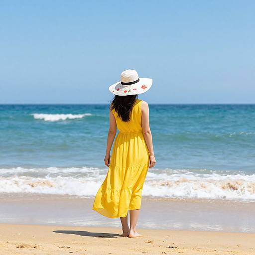 Photograph of a woman in a yellow sundress and white sunhat walking on a sunny beach with blue ocean and clear sky.