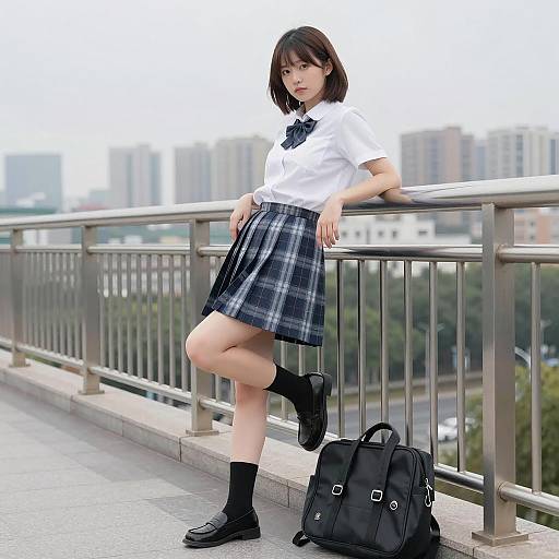 Asian Schoolgirl Leaning on Railing with City Background