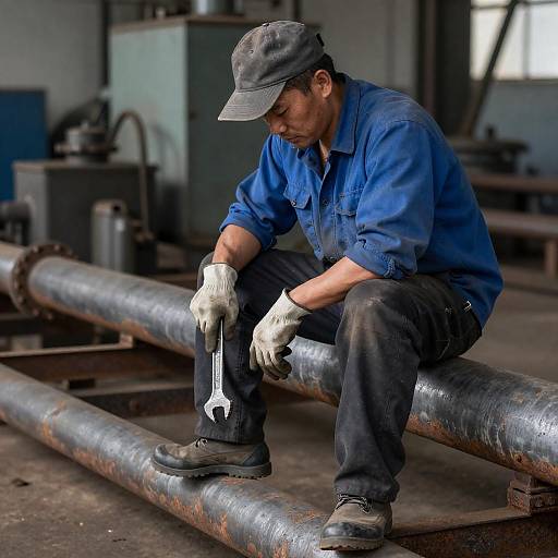 Industrial Worker Resting on Rusty Pipe