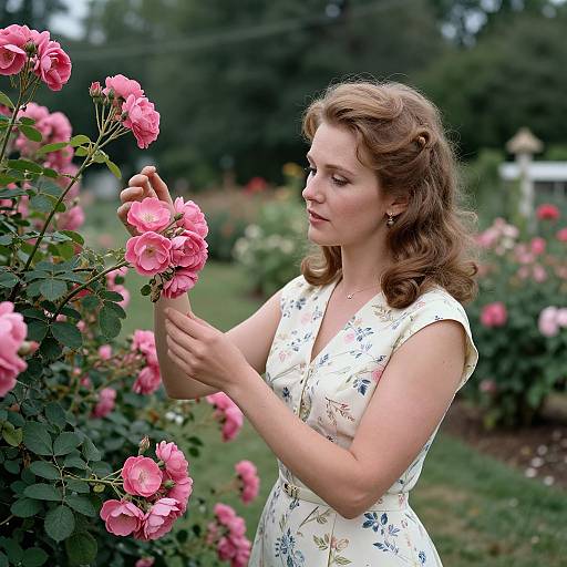 Photograph of a fair-skinned woman with wavy brown hair, wearing a white floral dress, gently touching pink roses in a lush garden.