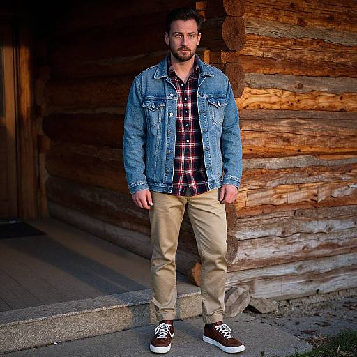 Photograph of a bearded man with short brown hair, wearing a blue denim jacket, red plaid shirt, beige pants, and brown sneakers,