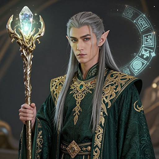 Photorealistic CGI of a silver-haired elven mage with pointed ears, holding a glowing crystal staff, wearing an ornate black and gold robe,