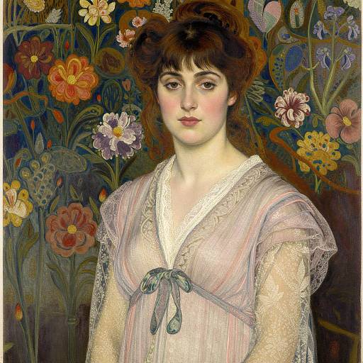 Pre-Raphaelite-style painting of a fair-skinned woman with brown hair, wearing a sheer, lace-trimmed, pastel blouse, surrounded