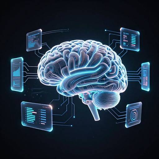 Digital CGI of a glowing blue brain surrounded by neon interfaces, connected by circuit lines, on a black background.