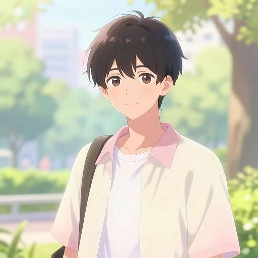 Anime-style digital drawing of a young man with black hair, brown eyes, wearing a white shirt and carrying a black bag, in a sunlit,