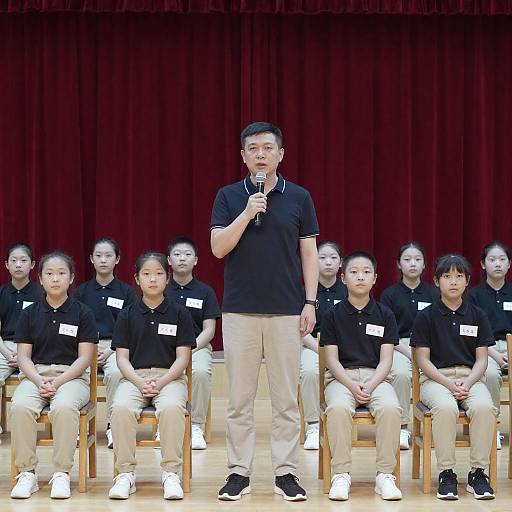 Serious Man with Children in Red Curtain