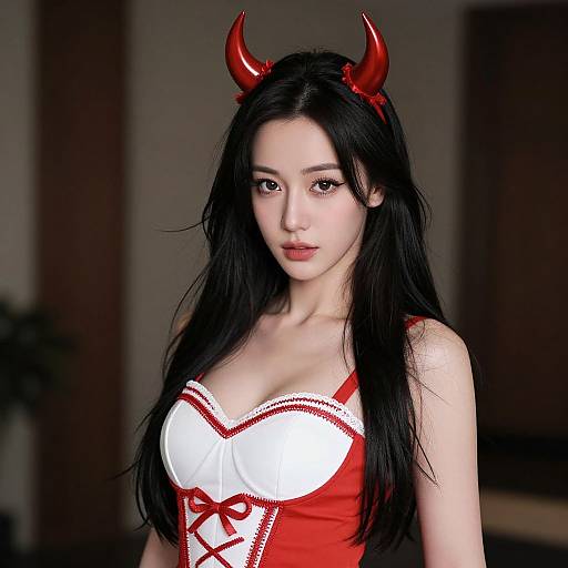 Photorealistic image of an East Asian woman with long black hair, red devil horns, red and white lingerie, and red ribbon, standing against a