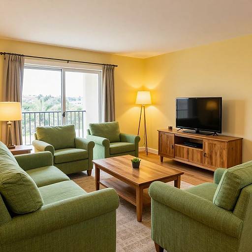 Cozy living room photograph: four green armchairs, wooden coffee table, flat-screen TV on wooden cabinet, two lamps, yellow walls, large