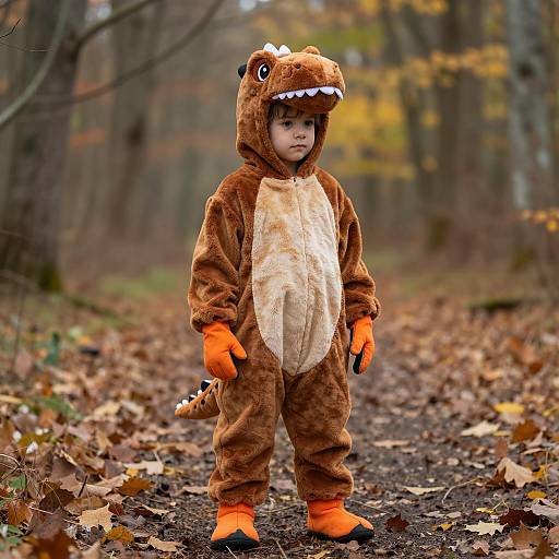 Child in Dinosaur Kigurumi Costume Outdoors