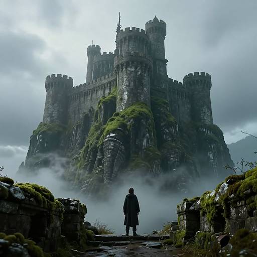 Photograph-like digital art of a lone figure in a long coat standing before a towering, moss-covered medieval castle shrouded in mist.