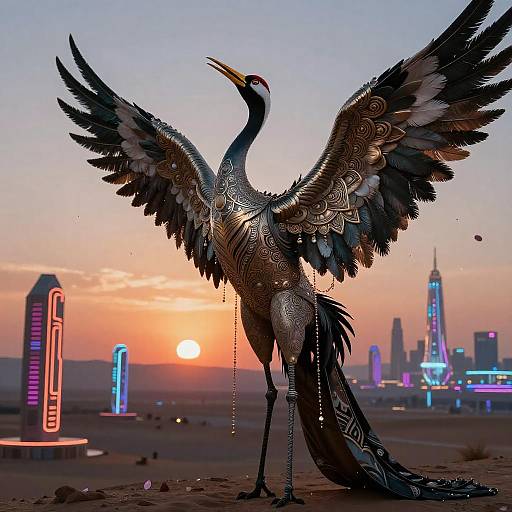 Iridescent Crane on Neon Desert Ridge