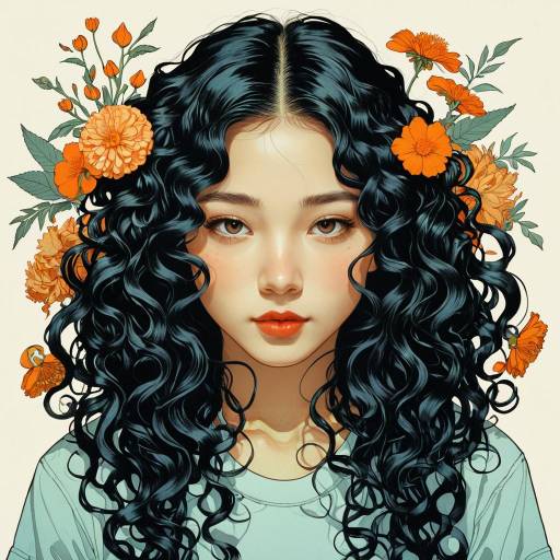 Portrait of Taiwanese Girl with Curly Hair and Orange Flowers