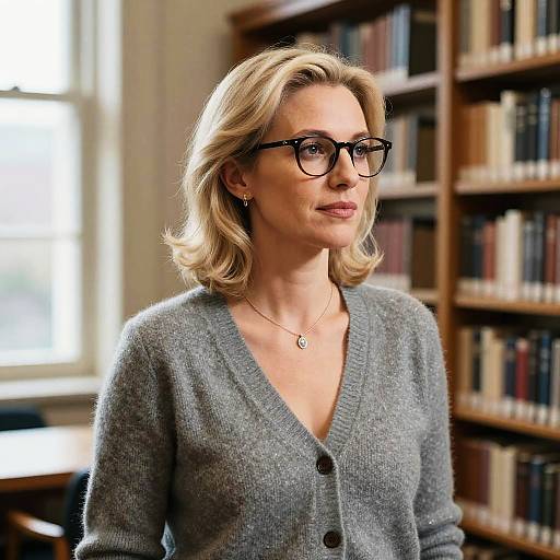 Photograph of a blonde woman with shoulder-length hair, wearing black glasses, a gray cardigan, and necklace, standing in a library with booksh