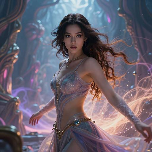 Digital artwork of a beautiful, long-haired woman in a shimmering, translucent dress with gold accents, floating in a mystical, glowing forest.