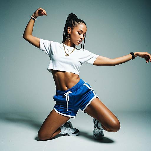 Photograph of a fit, dark-skinned woman with braided hair, kneeling in a dynamic pose, wearing a white crop top and blue shorts,
