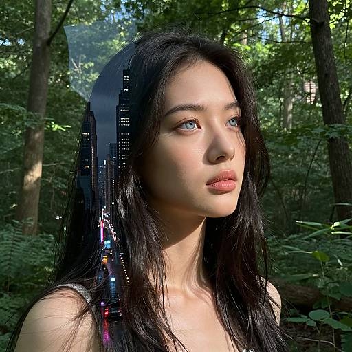 Digital art of an Asian woman with long black hair, blue eyes, and fair skin, standing in a sunlit forest, with a black cityscape