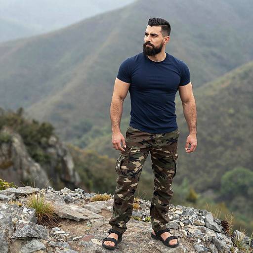 Photograph of a muscular, bearded man with dark hair in a navy t-shirt and camouflage pants, standing on rocky mountain terrain, wearing black sandals