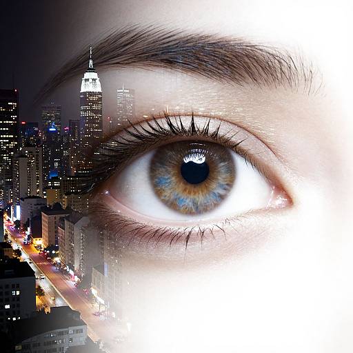 Photomontage of a close-up blue-gray eye with detailed iris, surrounded by a bustling cityscape at night, featuring illuminated skyscrapers and
