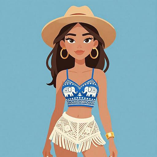Digital illustration of a tan-skinned woman with long black hair, wearing a blue elephant-patterned crop top, white fringed skirt, tan hat,