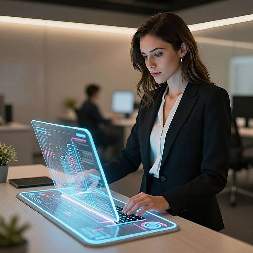 Photograph of a focused, brunette woman in a black blazer and white blouse, typing on a glowing blue augmented reality laptop in a modern, dim