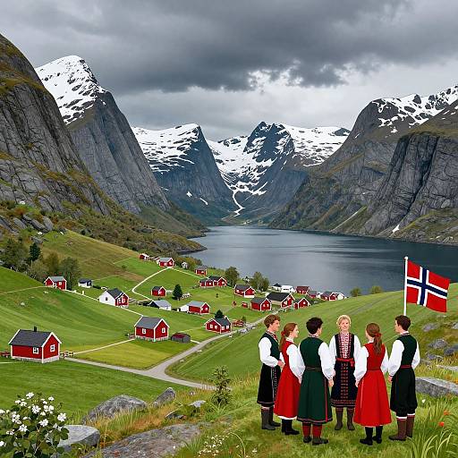 Photograph of five Nordic women in traditional red and black dresses standing on a grassy hill overlooking a fjord with red houses, snow-capped mountains