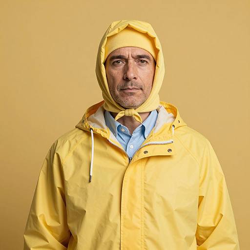 Man in Yellow Raincoat and Headscarf