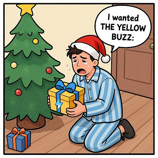 Cartoon of a man in blue-striped pajamas and a Santa hat, kneeling, holding a yellow gift box, next to a Christmas tree, with