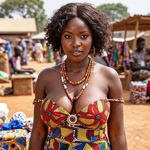 Photograph of a dark-skinned African woman with curly hair, wearing a colorful, patterned, strapless dress and beaded necklace, standing in