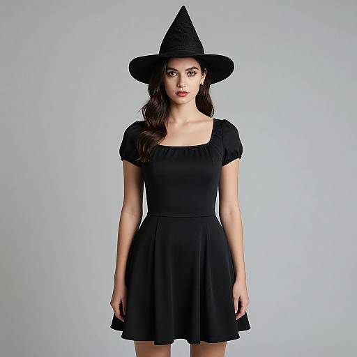 Photograph of a young woman with fair skin, dark wavy hair, wearing a black witch hat and a short-sleeved, black, A