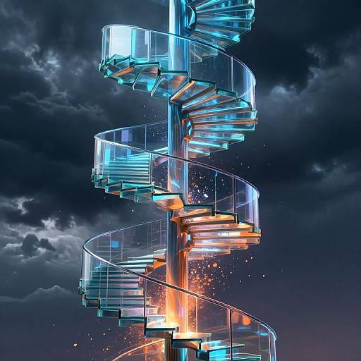 Digital artwork of a glowing, spiral, glass staircase with blue and orange lights against a dark, cloudy night sky.