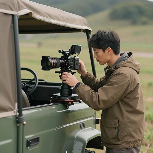 Man Operating Professional Camera on Off-Road Vehicle
