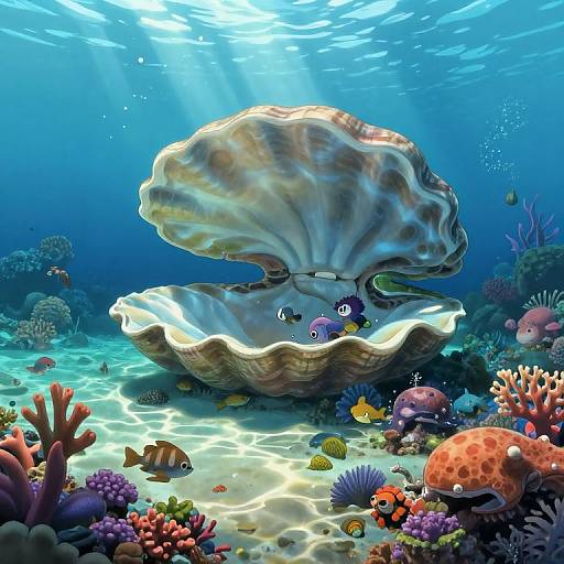 Digital illustration of a vibrant underwater scene: a giant open clamshell with two small, purple fish inside, surrounded by colorful coral, sea anemones