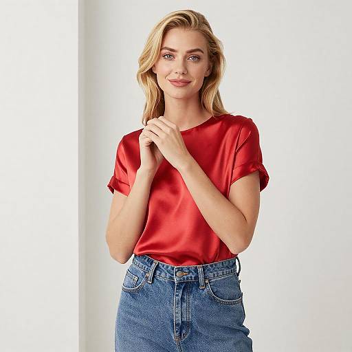 Blonde Woman in Red Satin Blouse