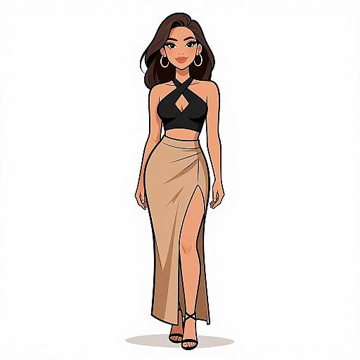 Digital illustration of a confident woman with long dark hair, wearing a black crop top, beige high-slit skirt, hoop earrings, and black heels,