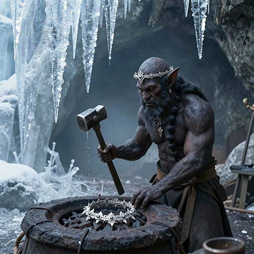 Troll Blacksmith Forging Silver Circlet in Ice Cave