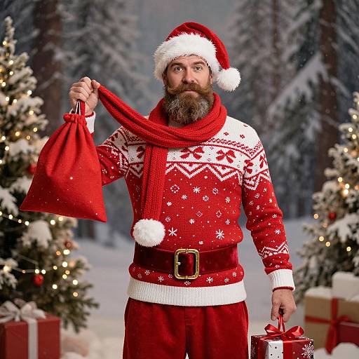 Photograph of a bearded man in red Santa sweater, hat, and scarf, holding a red sack and gift, standing in a snowy forest with