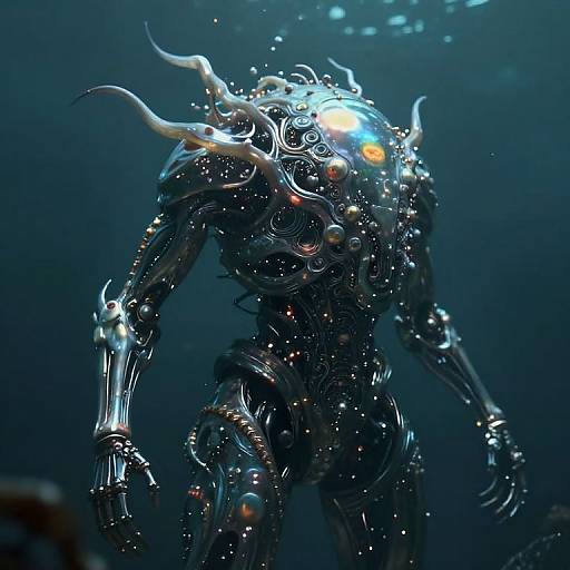 Digital CGI artwork of a futuristic, metallic alien with glowing blue and orange lights, intricate circuits, and white, wavy, energy-like hair, set