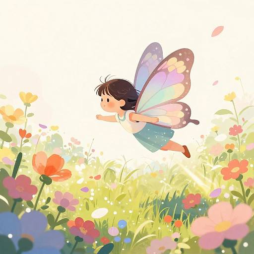 Digital anime-style illustration of a cute child with black hair and colorful butterfly wings, flying over a vibrant, sunlit field of colorful flowers.