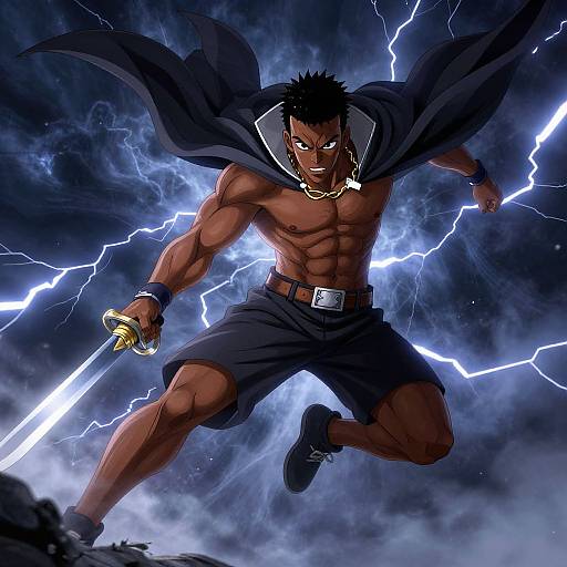 Muscular, dark-skinned anime warrior with spiky black hair, lightning-illuminated, in black shorts and cape, wielding a glowing sword